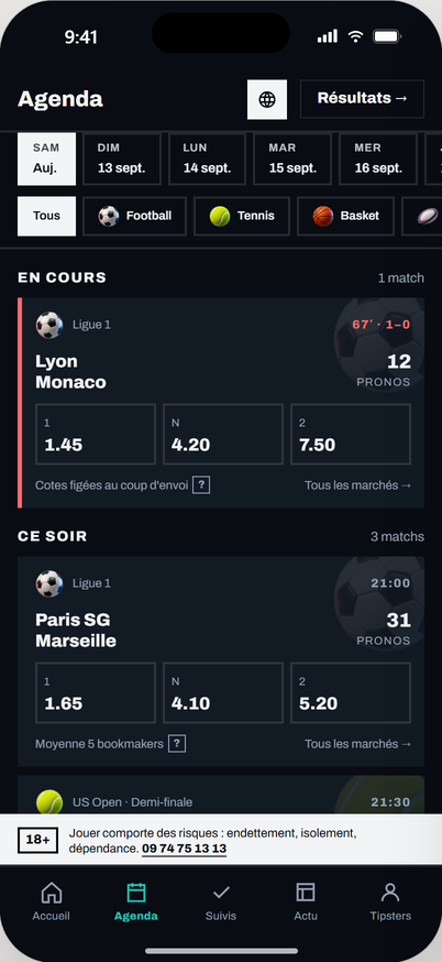 Écran Agenda : événements du jour et cotes comparées